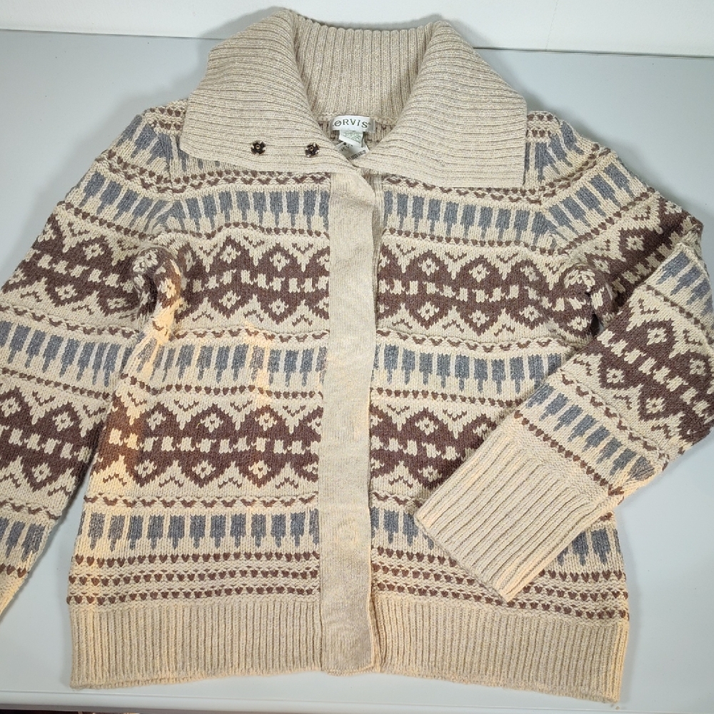 NWT Orvis brown blanket pattern shawl collar snap front cardigan sweater M